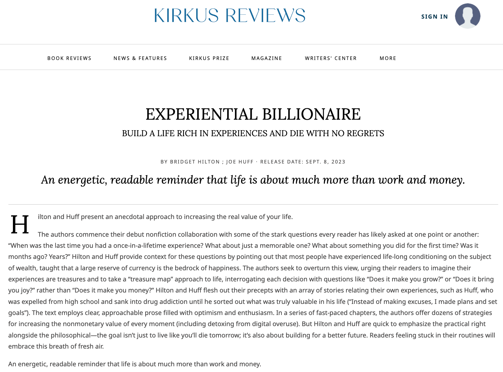 Kirkus Reviews Says - Experiential Billionaire is "a breath of fresh air."